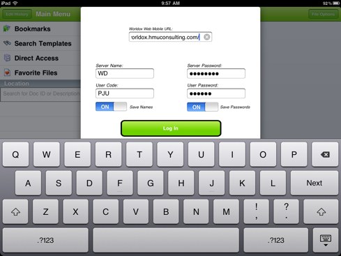 Worldox iPad App Login Screen